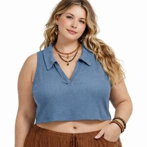 Earthbound Crop Top Blue Ribbed Sleeveless Collared Indie Retro
